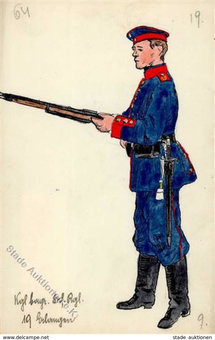 Handgemalt Kgl. Bayer. Inft. Regiment Nr. 19  Künstlerkarte I-II (keine Ak-Einteilung) Peint à La Main - Non Classificati