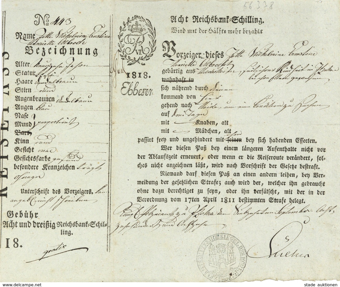 Reisepass 1818 Schleswig-Holstein Dänemark I-II - Non Classificati