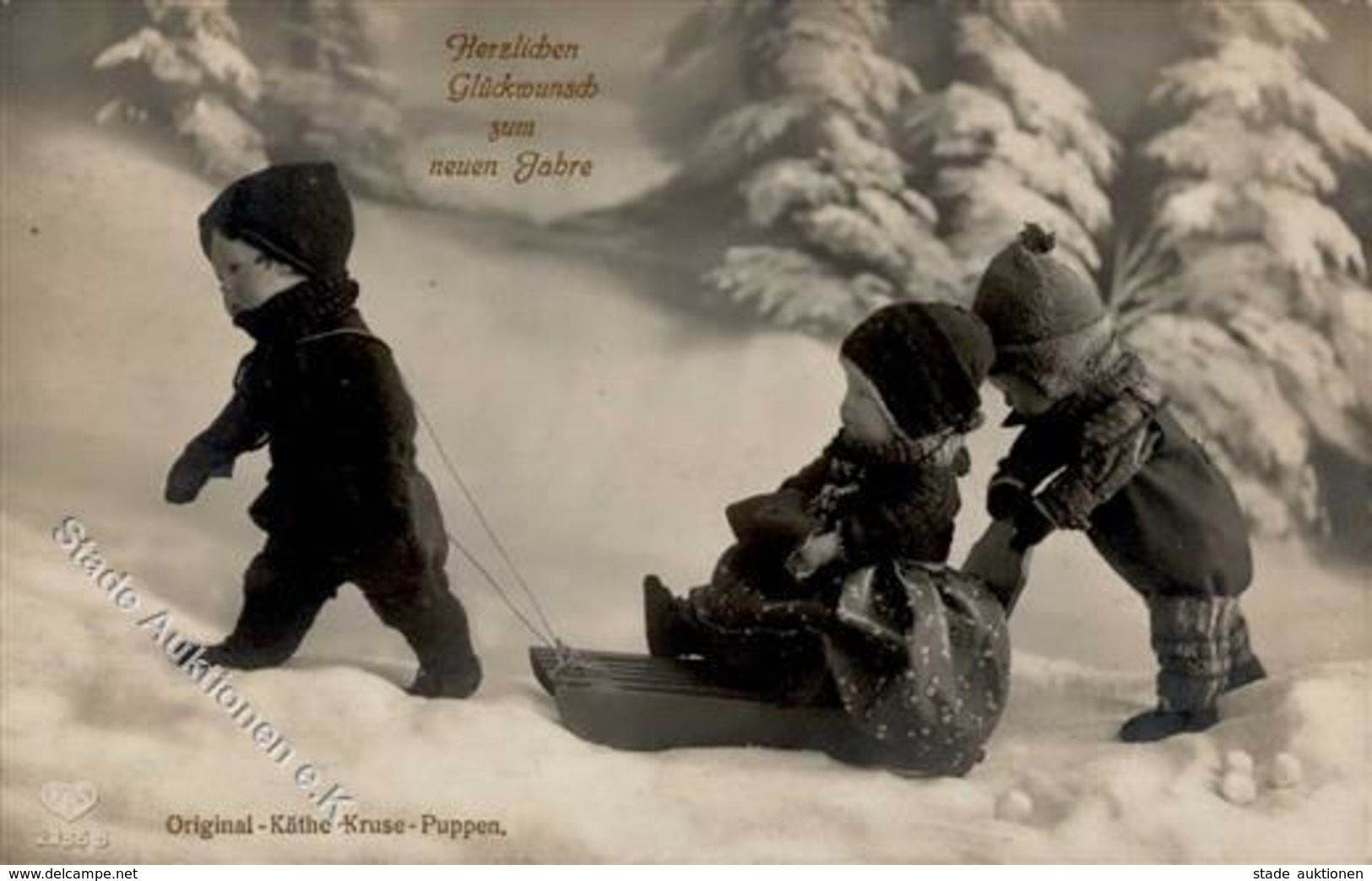 Käthe Kruse Winter Schlittenfahrt Neujahr  Foto AK 1916 I-II Bonne Annee - Spielzeug & Spiele