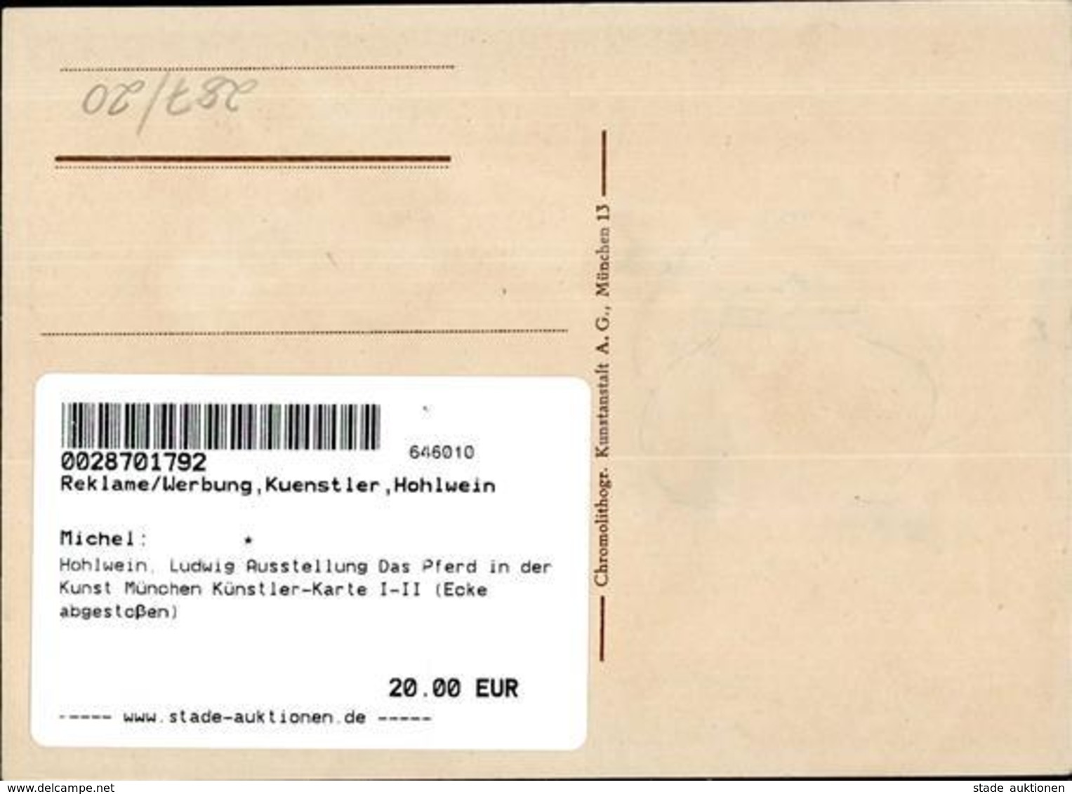 Hohlwein, Ludwig Ausstellung Das Pferd In Der Kunst München Künstler-Karte I-II (Ecke Abgestoßen) Expo - Hohlwein, Ludwig