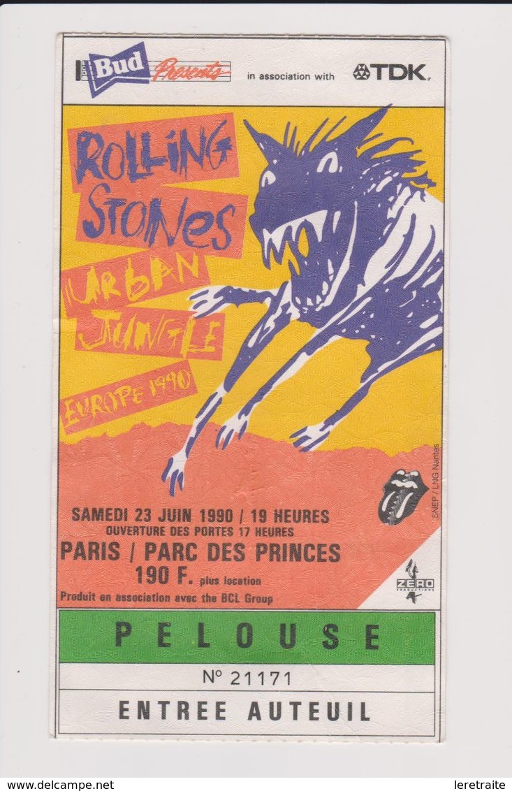 Concert ROLLING STONES 23 Juin 1990 Paris Parc Des Princes. - Konzertkarten