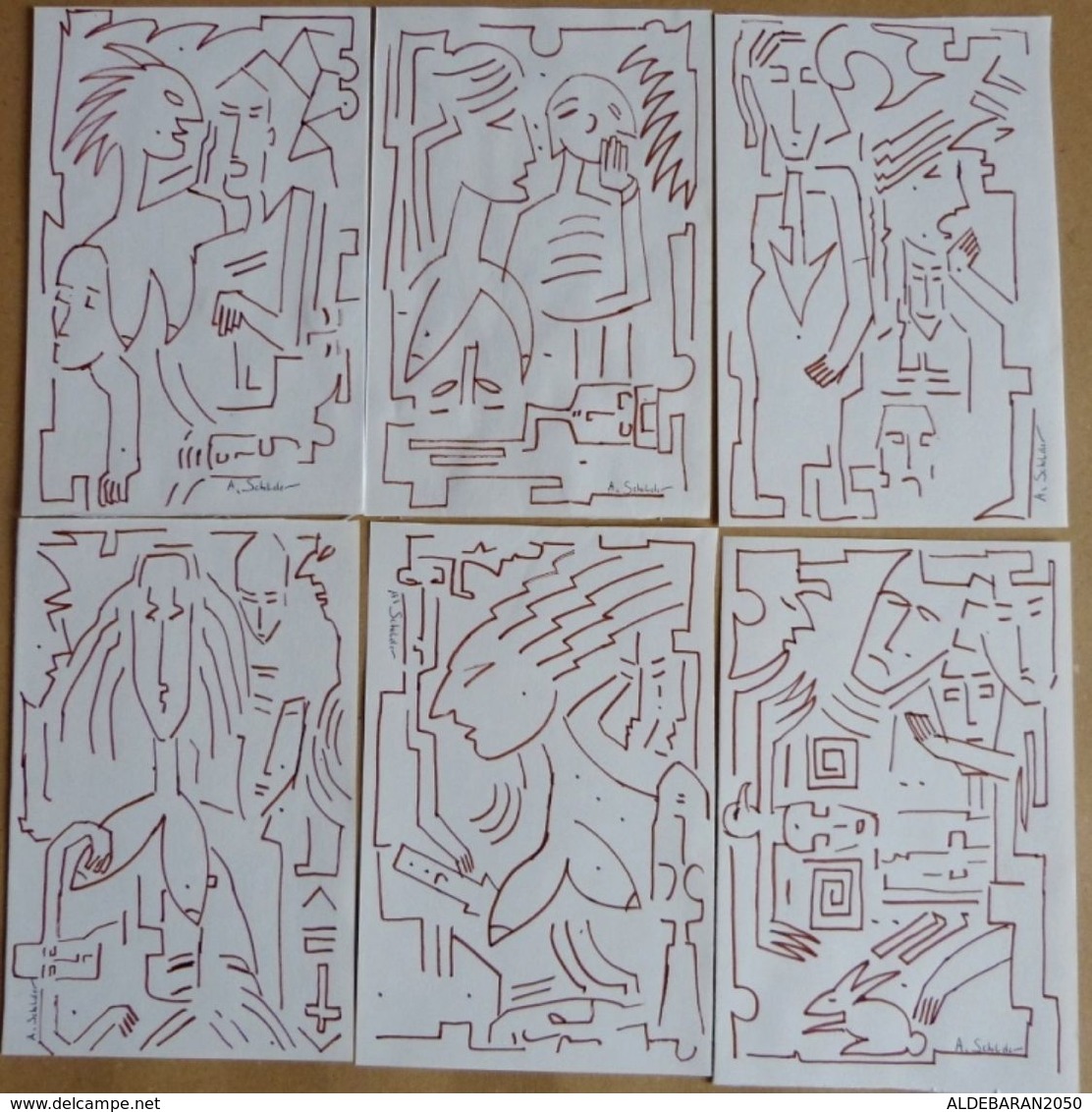 SCHELDER  ART BRUT  / CUBISME  LOT 6 DESSINS FEUTRE - Dessins