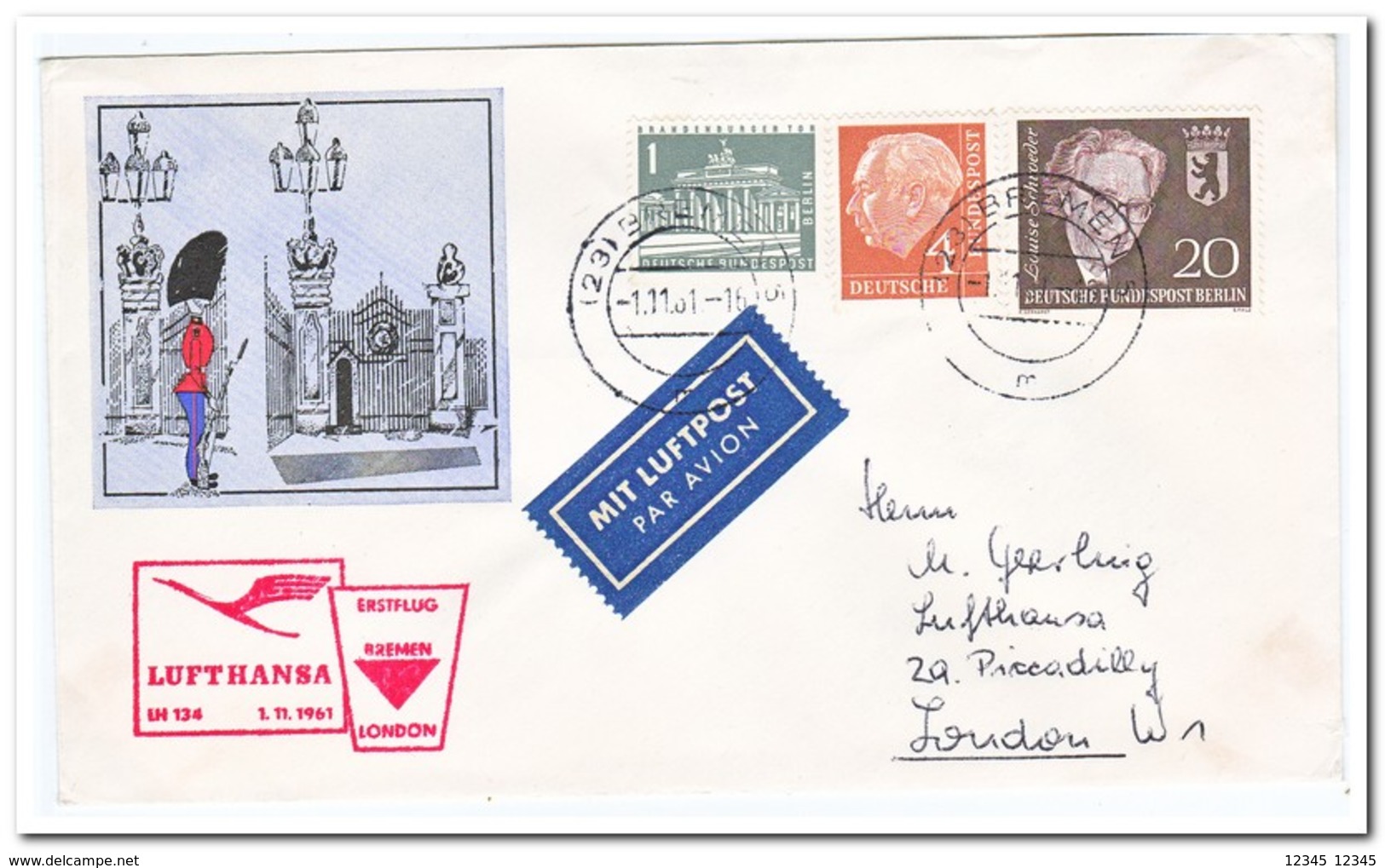 First Flight 1961 Bremen-London With Berlin Stamps - Brieven En Documenten