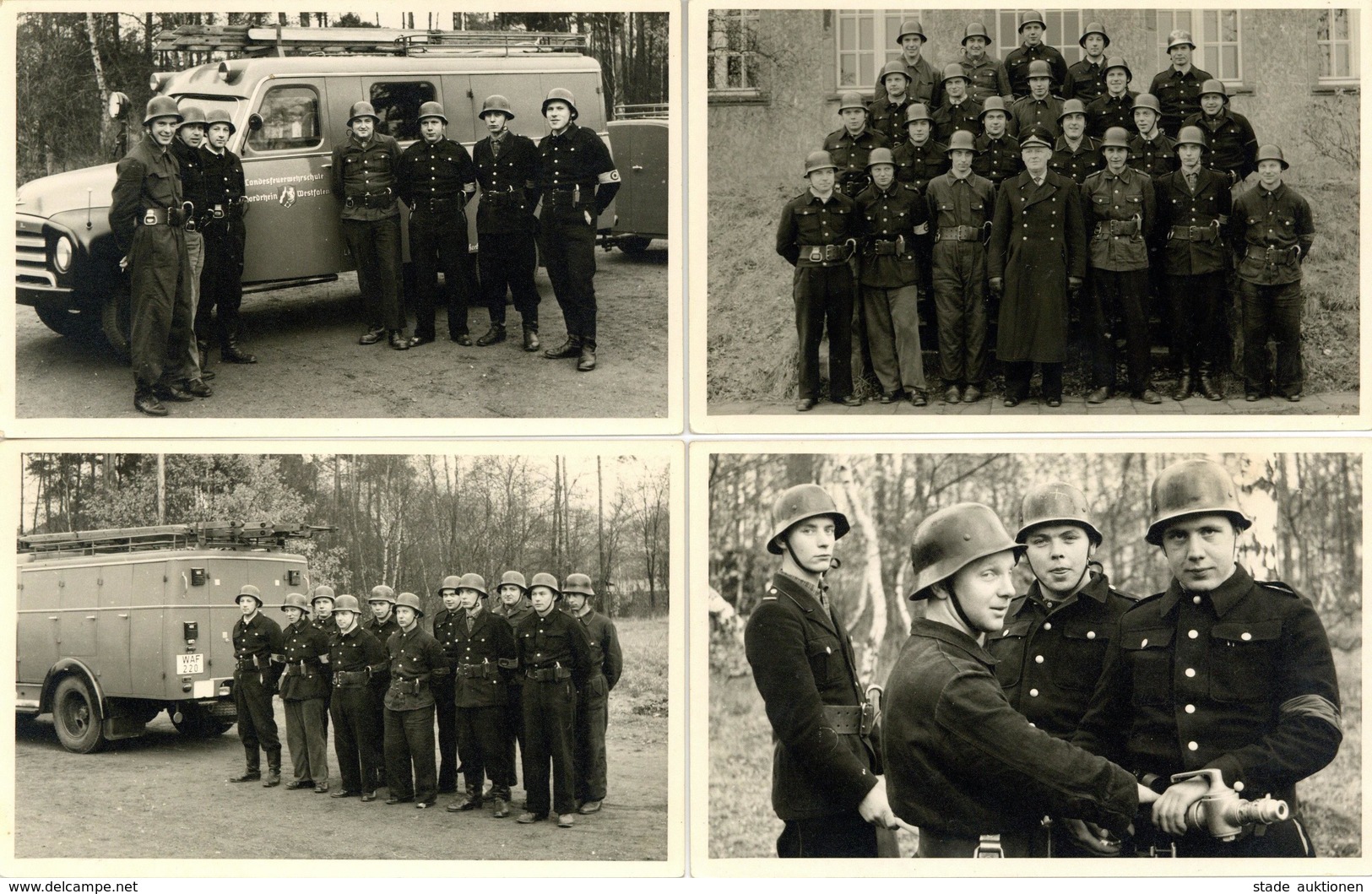 FEUERWEHR - 4 Foto-Ak : LANDESFEUERWEHR SCHULE Nordrhein-Westfalen TELGTE-WARENDORF 1958  Mit Einsatzwagen I - Pompieri