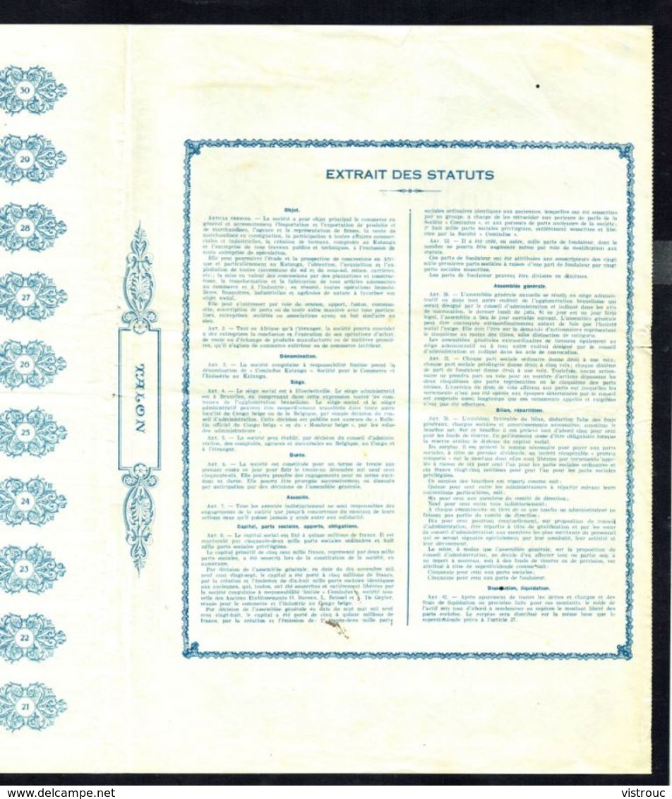 COMINDUS KATANGA SOCIETE - Part Sociale Ordinaire - 1928. - Industrie