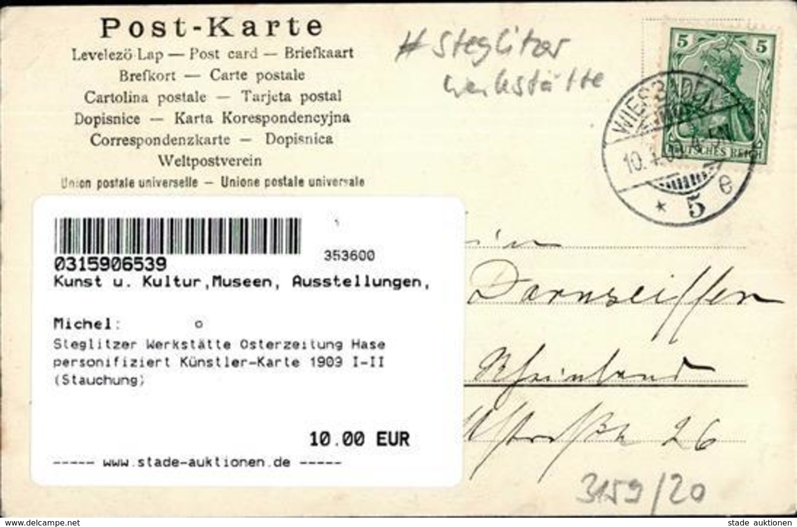 Steglitzer Werkstätte Osterzeitung Hase Personifiziert Künstler-Karte 1909 I-II (Stauchung) - Esposizioni