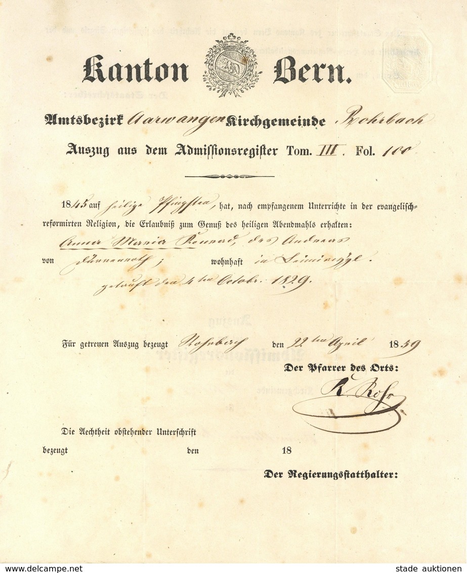 Taufe Schweiz Aarwangen Auszug Aus Dem Admissionregister 1859 I-II (altersbedingte Gebrauchsspuren) - Angeli