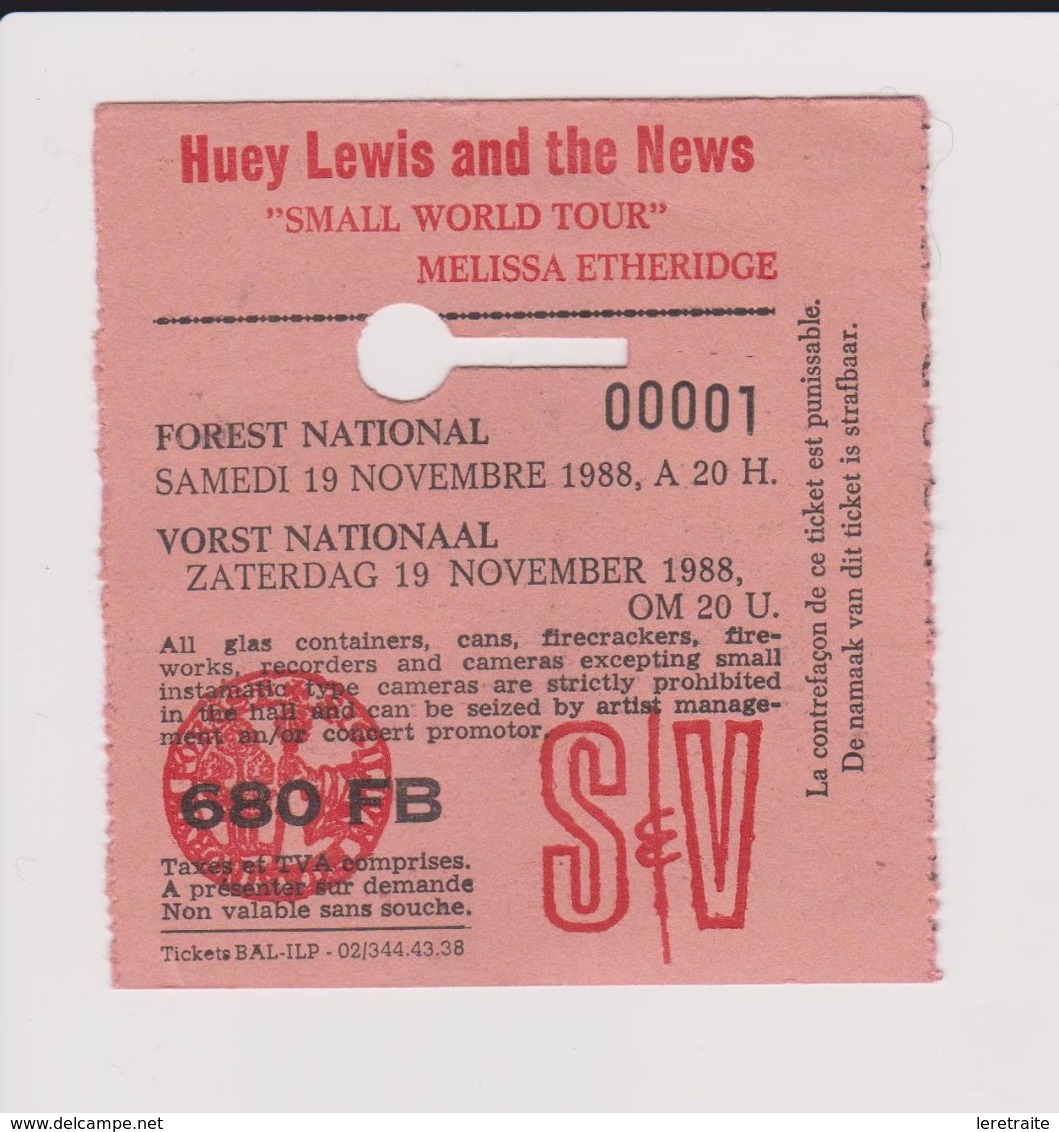 Concert HUEY LEWIS AND THE NEWS, Etc. 19 Novembre 1988  à Forest B. Ticket N° 00001 - Tickets De Concerts