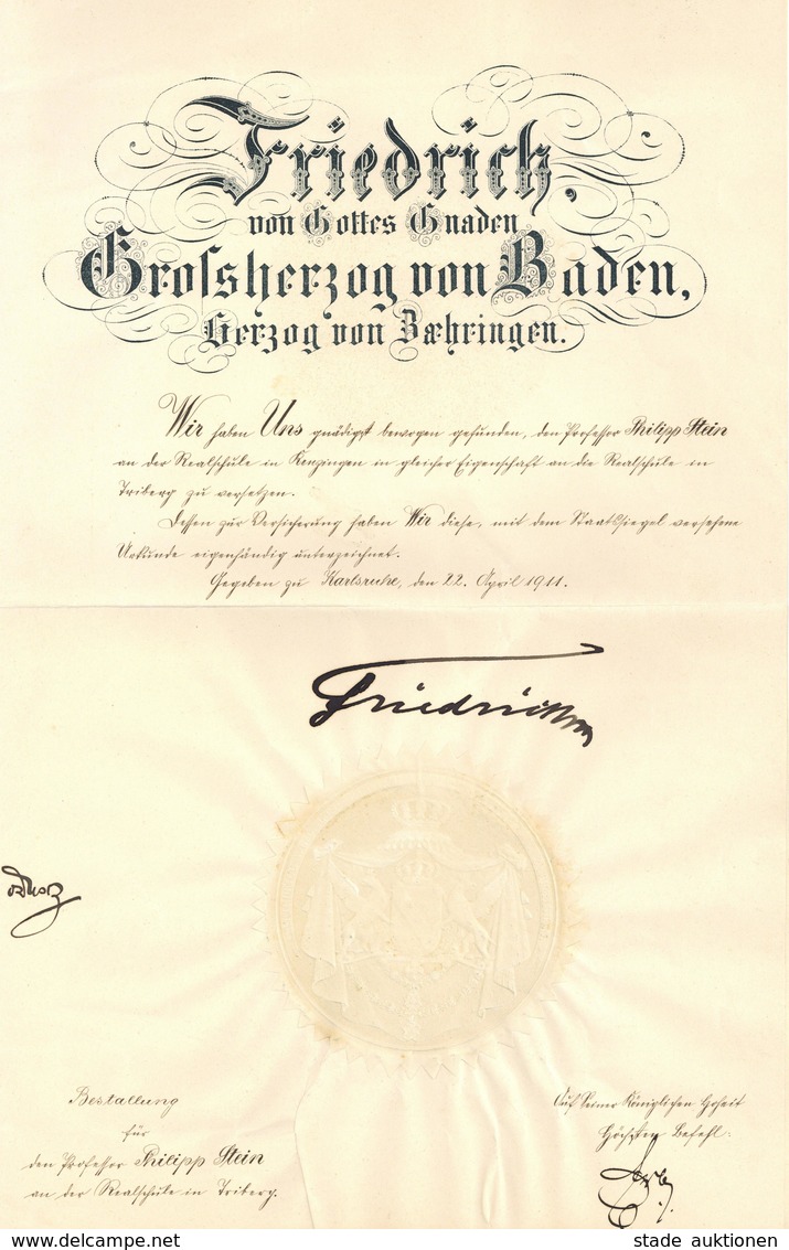 Adel Baden Friedrich Großherzog Von Baden Ernennungsurkunde Prof. Philipp Stein Realschule Triberg 1911 I-II - Storia