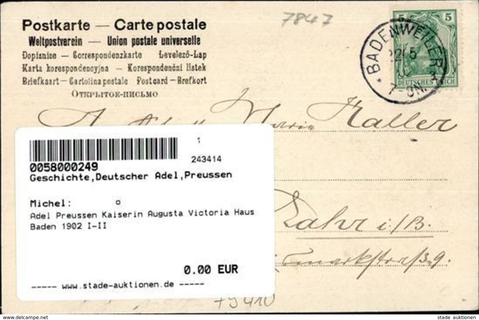Adel Preussen Kaiserin Augusta Victoria Haus Baden 1902 I-II - Storia