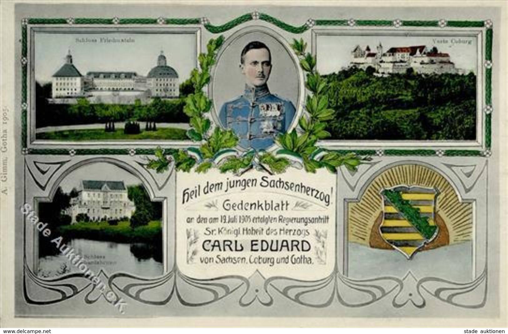 Adel - SACHSEN - Regierungsantritt Sachsenherzog CARL EDUARD , GOTHA 1905  Jugendstilkarte I-II - Storia