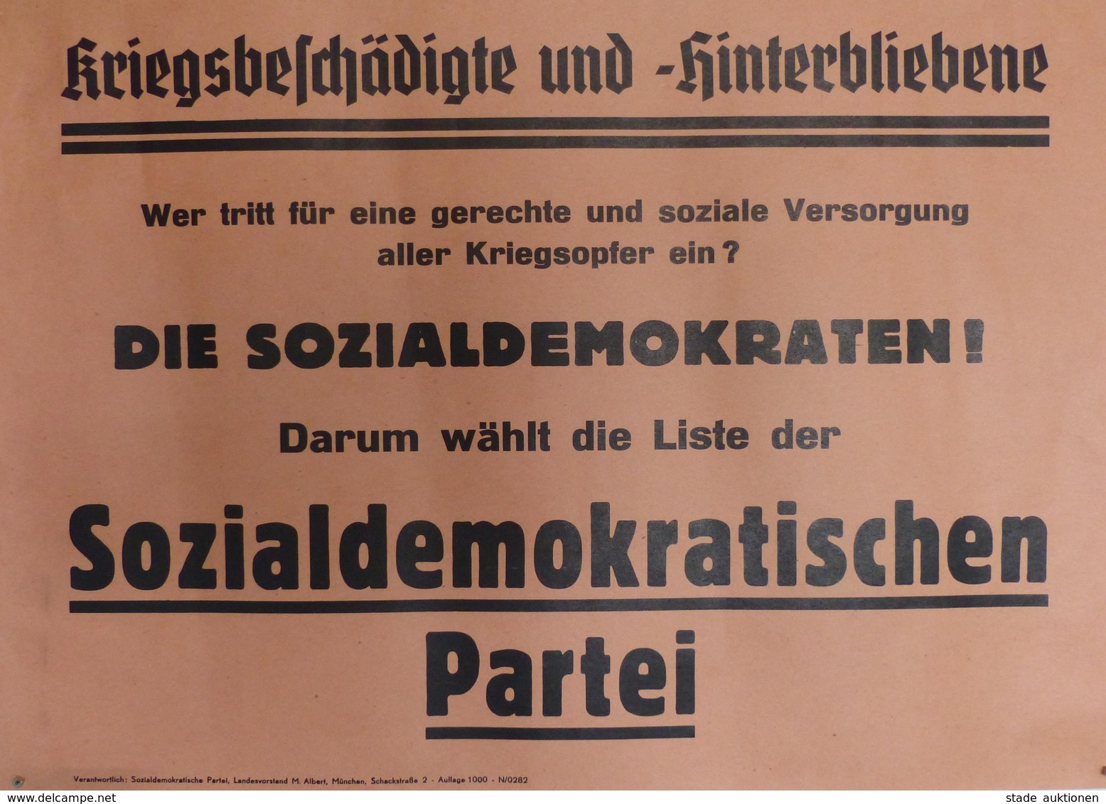 Politik SPD Plakat Ca. 41,5 X 30 Cm Kriegsbeschädigte Und Hinterbliebene Wer Tritt Für ... I-II - Eventi