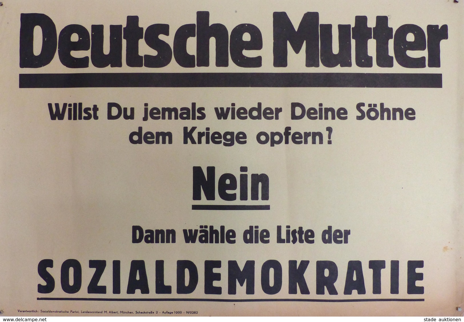 Politik SPD Plakat Ca. 43 X 30 Cm Deutsche Mutter Willst Du Jemals .... II (Ecke Beschädigt) - Eventi