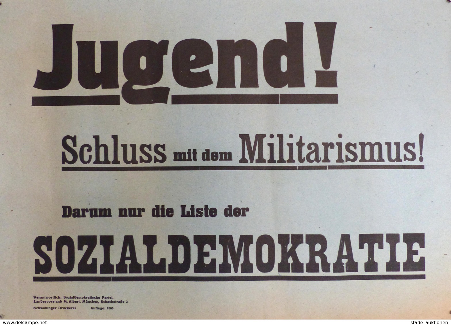 Politik SPD Plakat Ca. 43 X 30 Cm Jugend Schluss Mit Dem Militarismus I-II (kleiner Einriss) - Eventi