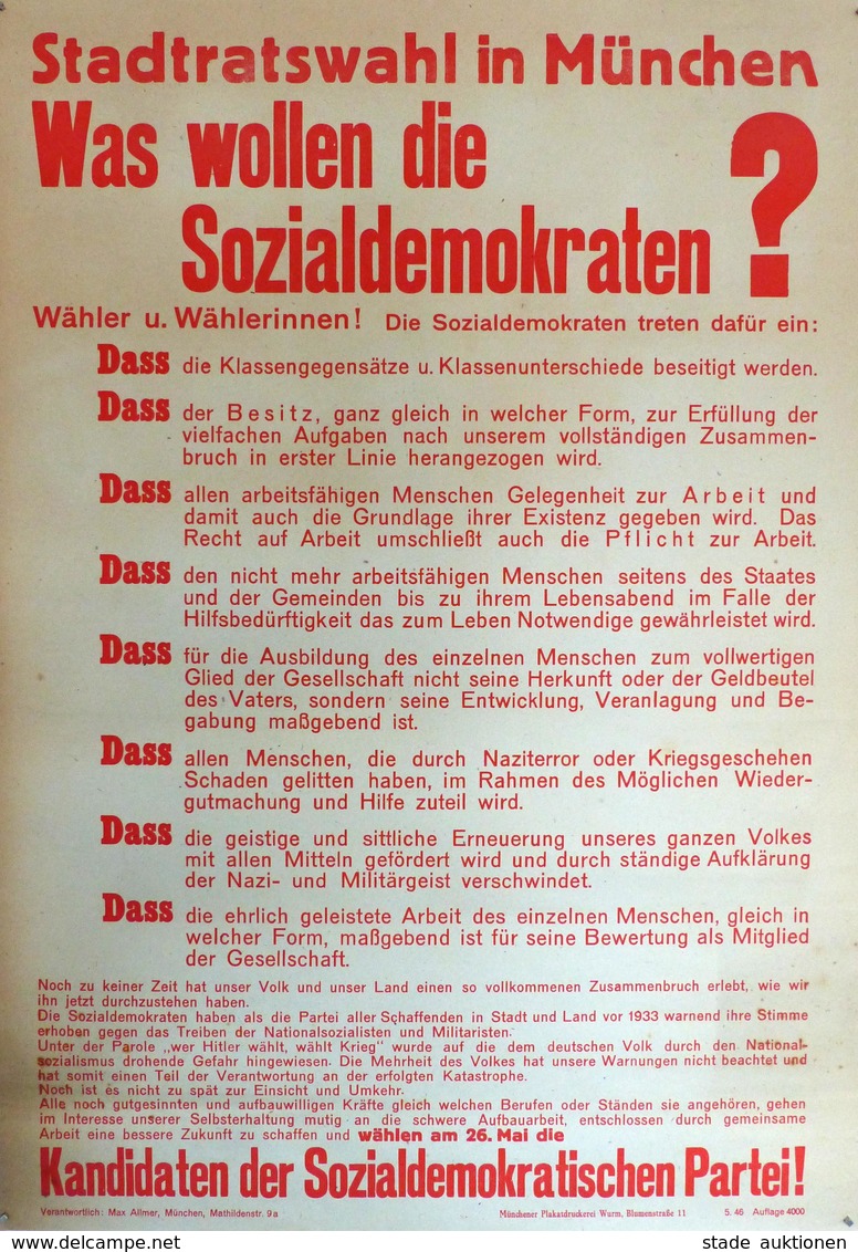 Politik SPD Plakat Ca. 60,5 X 43 Cm Stadtratswahl In München I-II - Eventi