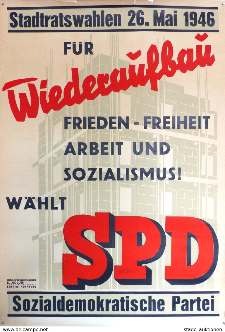 Politik SPD Plakat Ca. 61 X 42,5 Cm Stadtratswahlen Für Wiederaufbau II (Einrisse) - Eventi