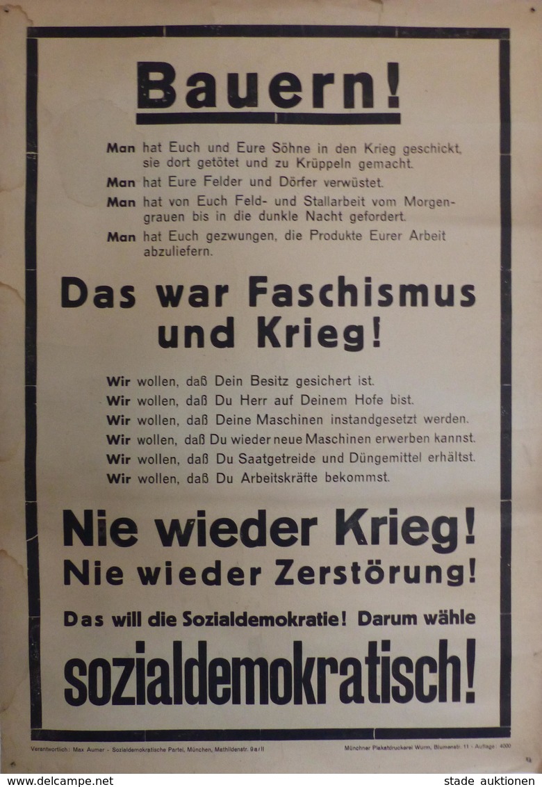 Politik SPD Plakat Ca. 61 X 43 Cm Bauern Das War Faschismus Und Krieg II (kleine Einrisse) - Eventi
