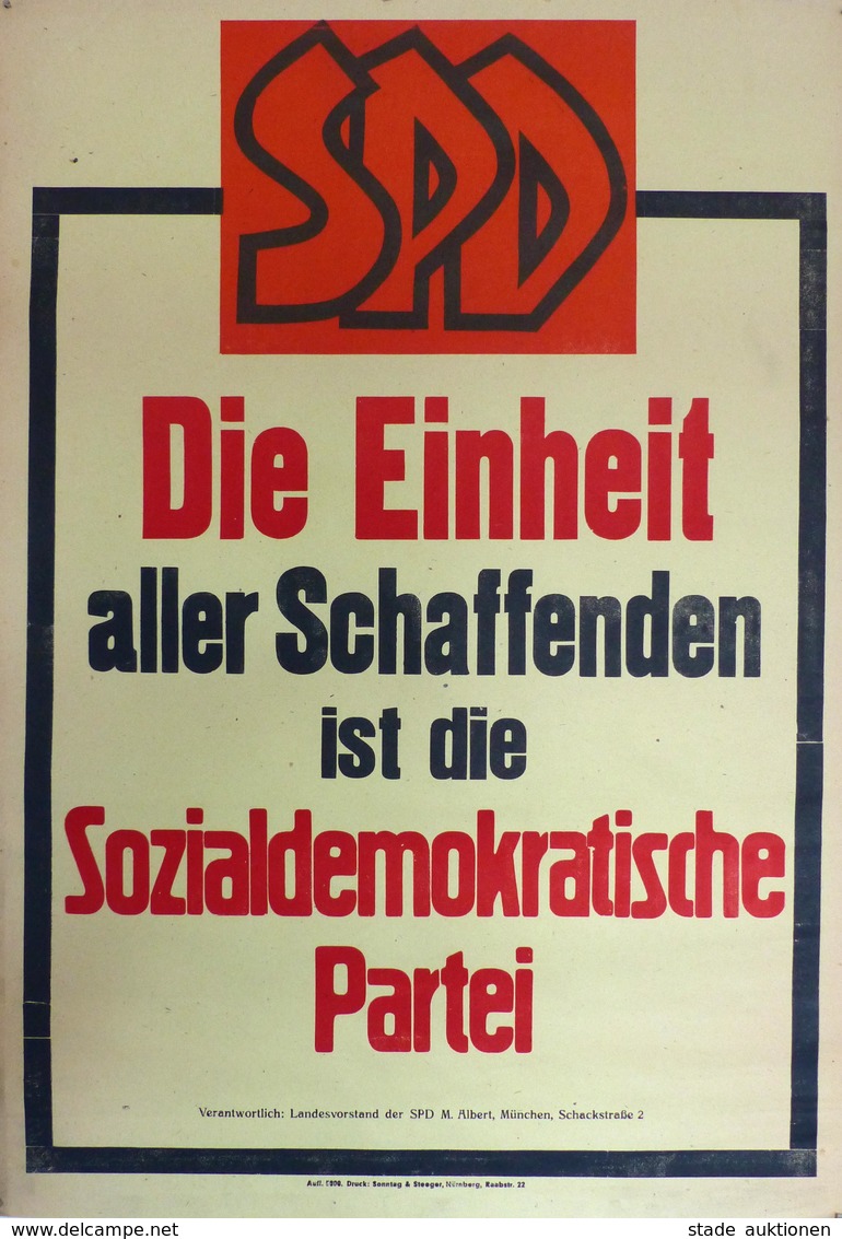 Politik SPD Plakat Ca. 61 X 43 Cm Die Einheit Aller Schaffenden I-II (kleiner Einriss, Fleckig) - Eventi
