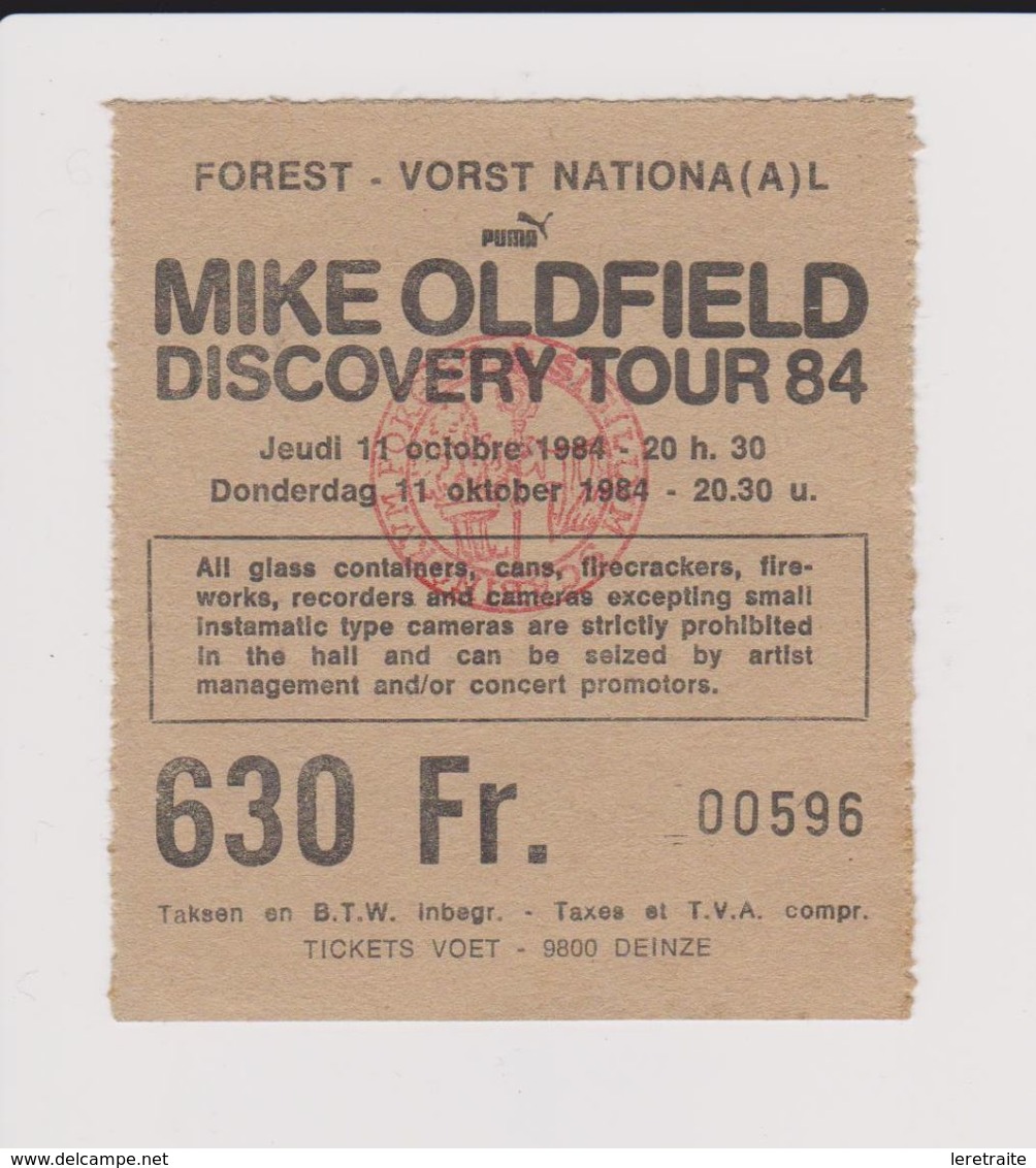 Concert MIKE OLFIELD 11 Octobre 1984  à Forest B - Tickets De Concerts