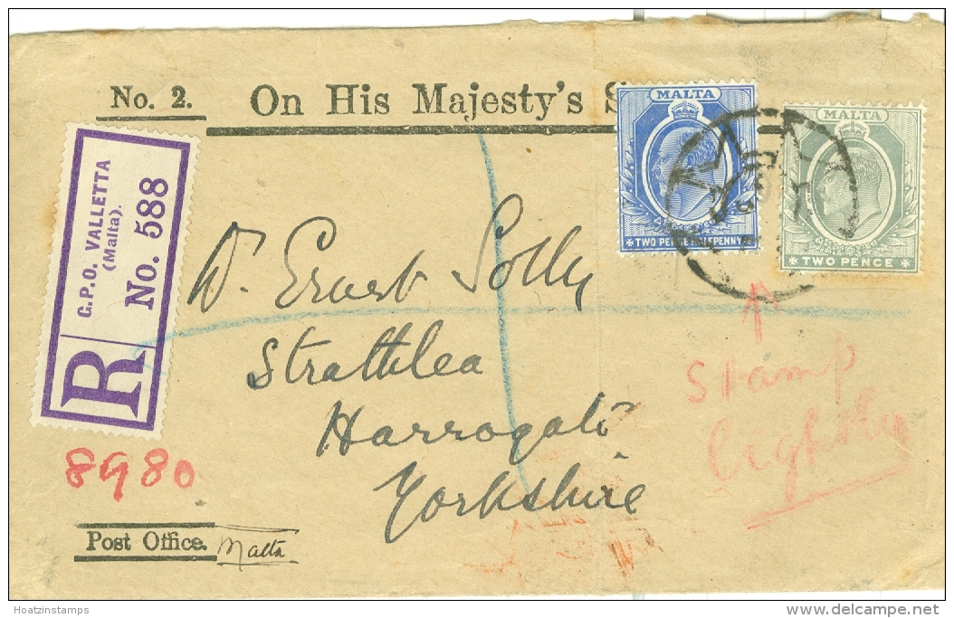 Malta: 1913   Registered O.H.M.S. Letter - Valletta To Harrogate, England    COVER - Malte (...-1964)