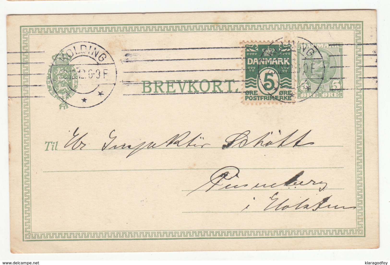 Danmark, Postal Stationery Brevkort Travelled 1912 Kolding Pmk B180830 - Postal Stationery