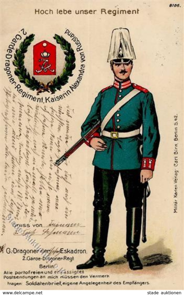 Regiment Berlin (1000) Nr. 2 Garde Dragoner Regt. Kaiserin Alexandra V. Russland 1914 I-II - Regimente
