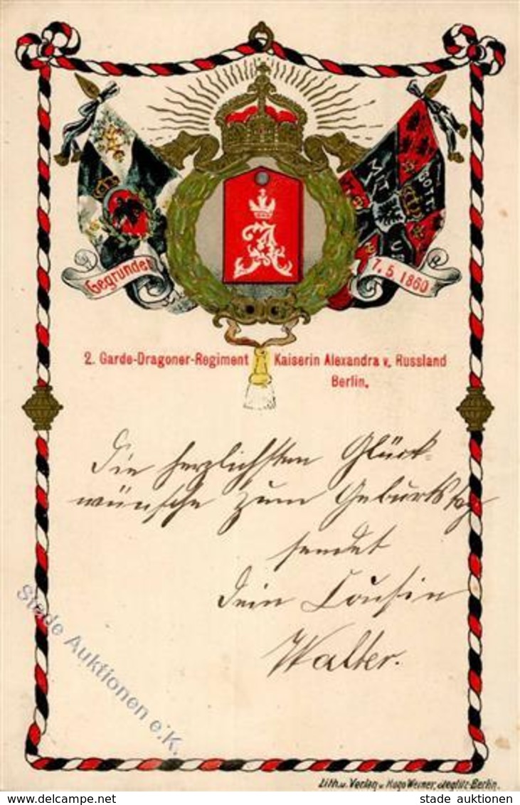 Regiment Berlin (1000) Nr. 2 Garde Dragoner Regt. Kaiserin Alexandra V. Russland Prägedruck 1907 I-II - Regimente