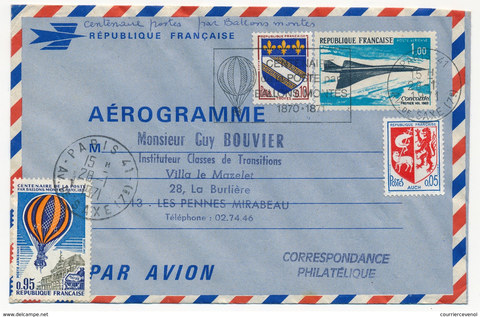 Aérogramme 1,00 Concorde - Centenaire De La Poste Par Ballons Montés - 1971 - Aérogrammes