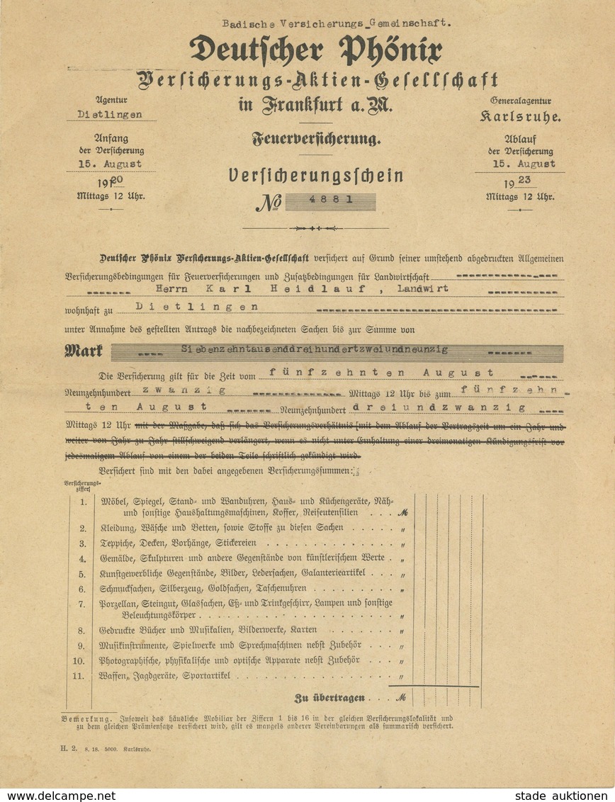 Zwischenkriegszeit Versicherungsschein Deutscher Phönix Feuerversicherung 1920 II - Storia