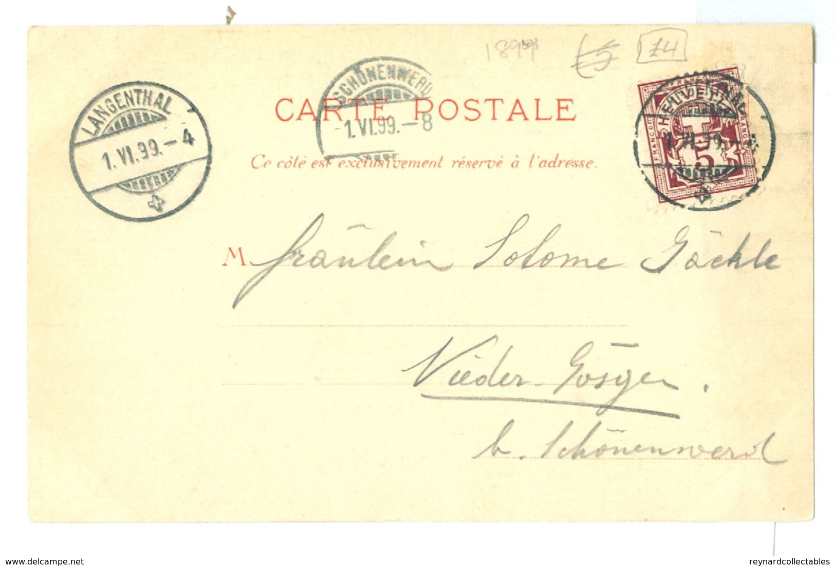 1899, Switzerland, Langethal Postmark On 'Souvenir De Monte Carlo' View Pc. - Postmark Collection