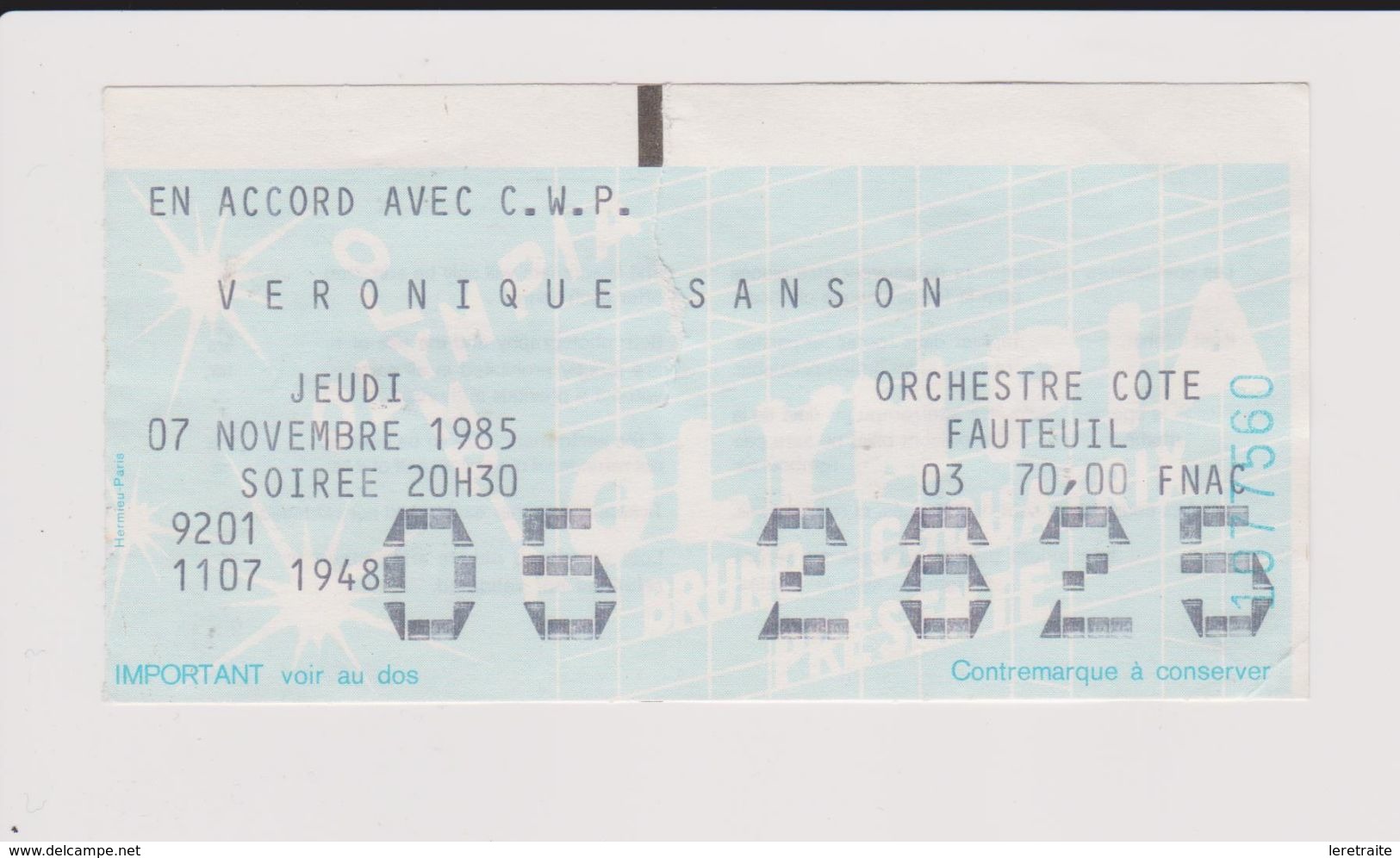Concert VERONIQUE SANSON 7 Novembre 1985 Olympia. - Tickets De Concerts