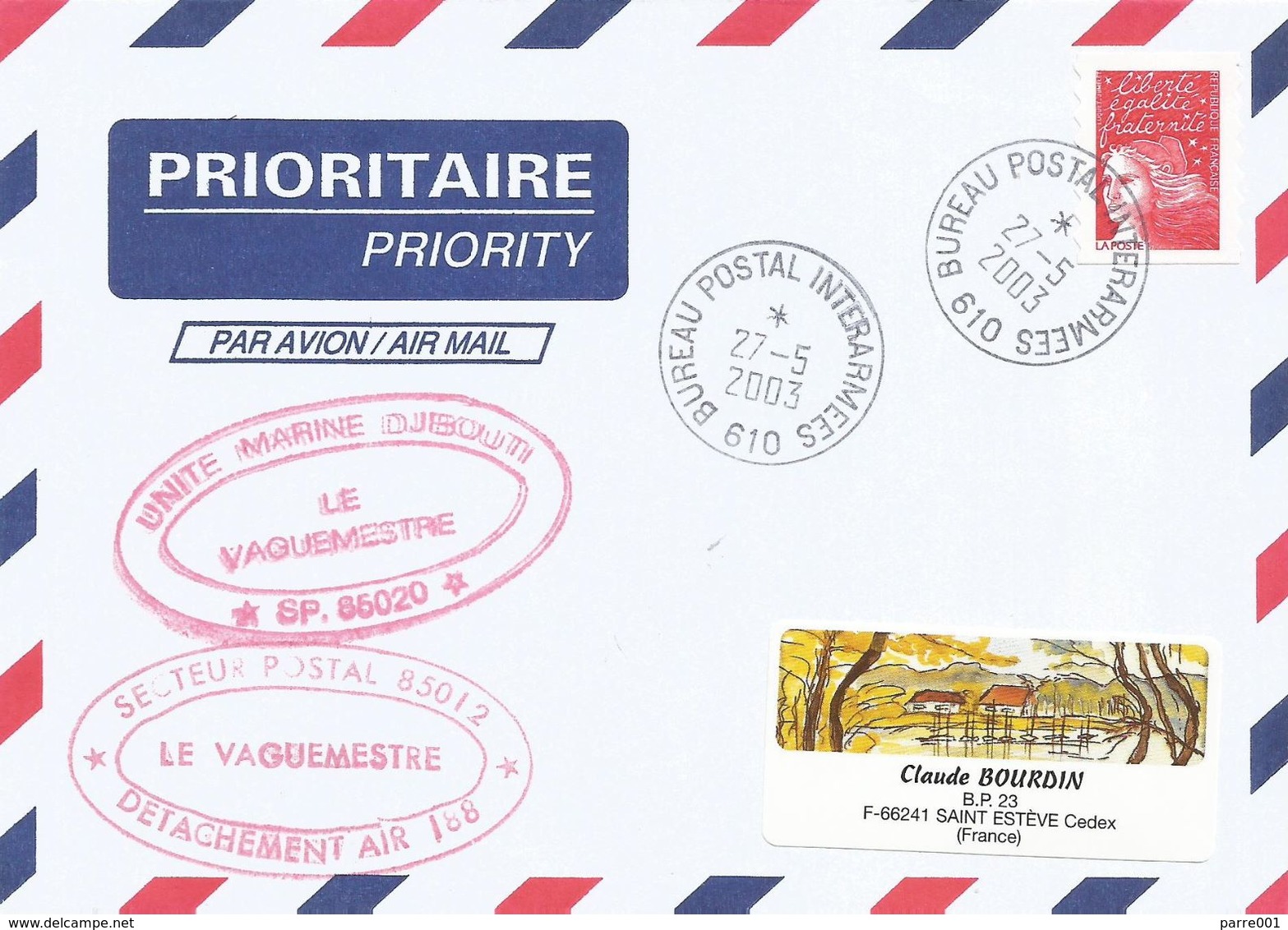 France 2003 BPI 610 Djibouti Detachement Air 188 Mirages Cover - Cachets Militaires A Partir De 1900 (hors Guerres)