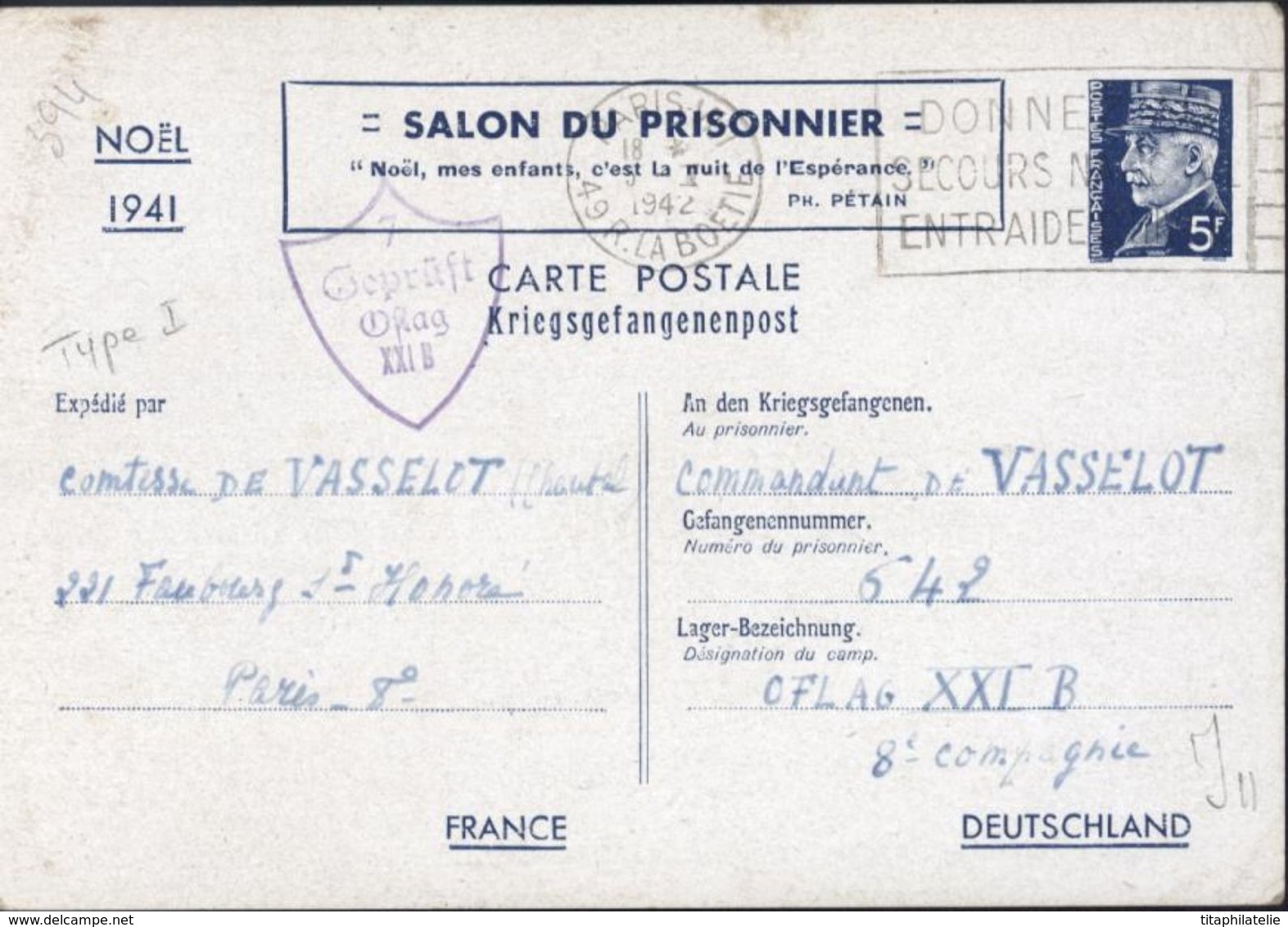 Entier Petain Kriegsgefangenenpost Salon Prisonnier Noël 1941 Censure 7 Geprüft Oflag XXI B Type I Oblit Frankers 5 1 42 - Guerre De 1939-45