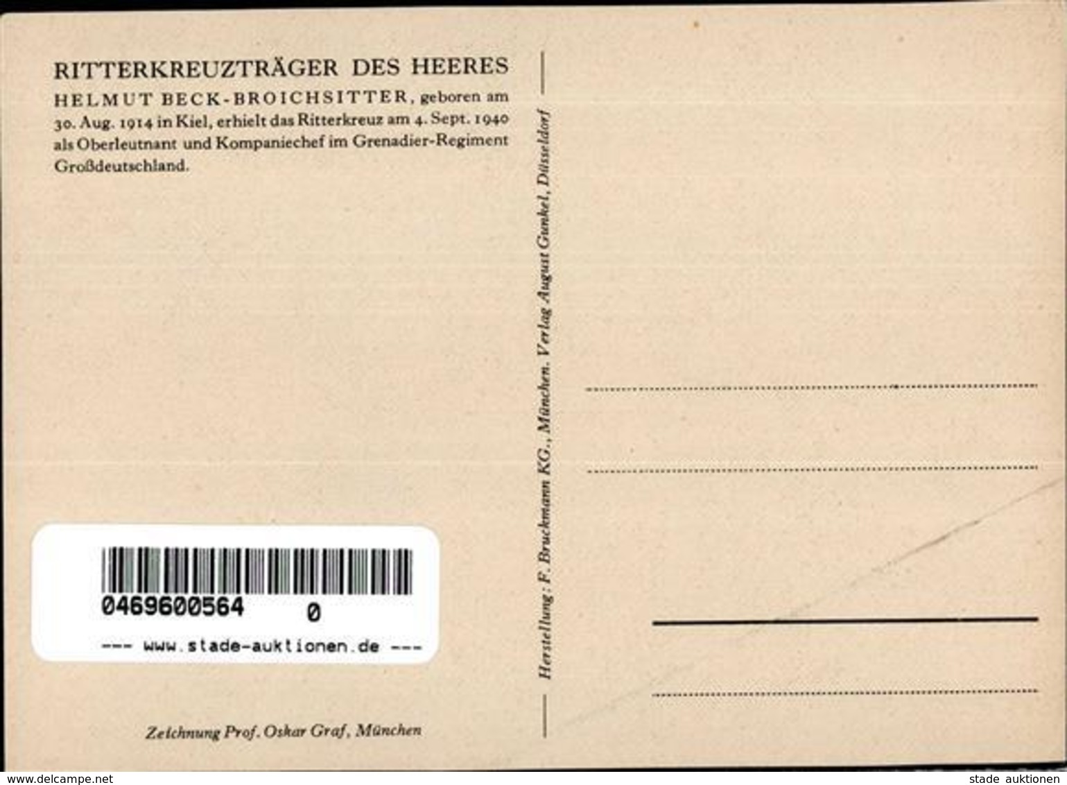 Ritterkreuzträger WK II Beck-Broichsitter, Helmut Oberleutnant Sign. Graf Künstlerkarte I-II - Weltkrieg 1939-45