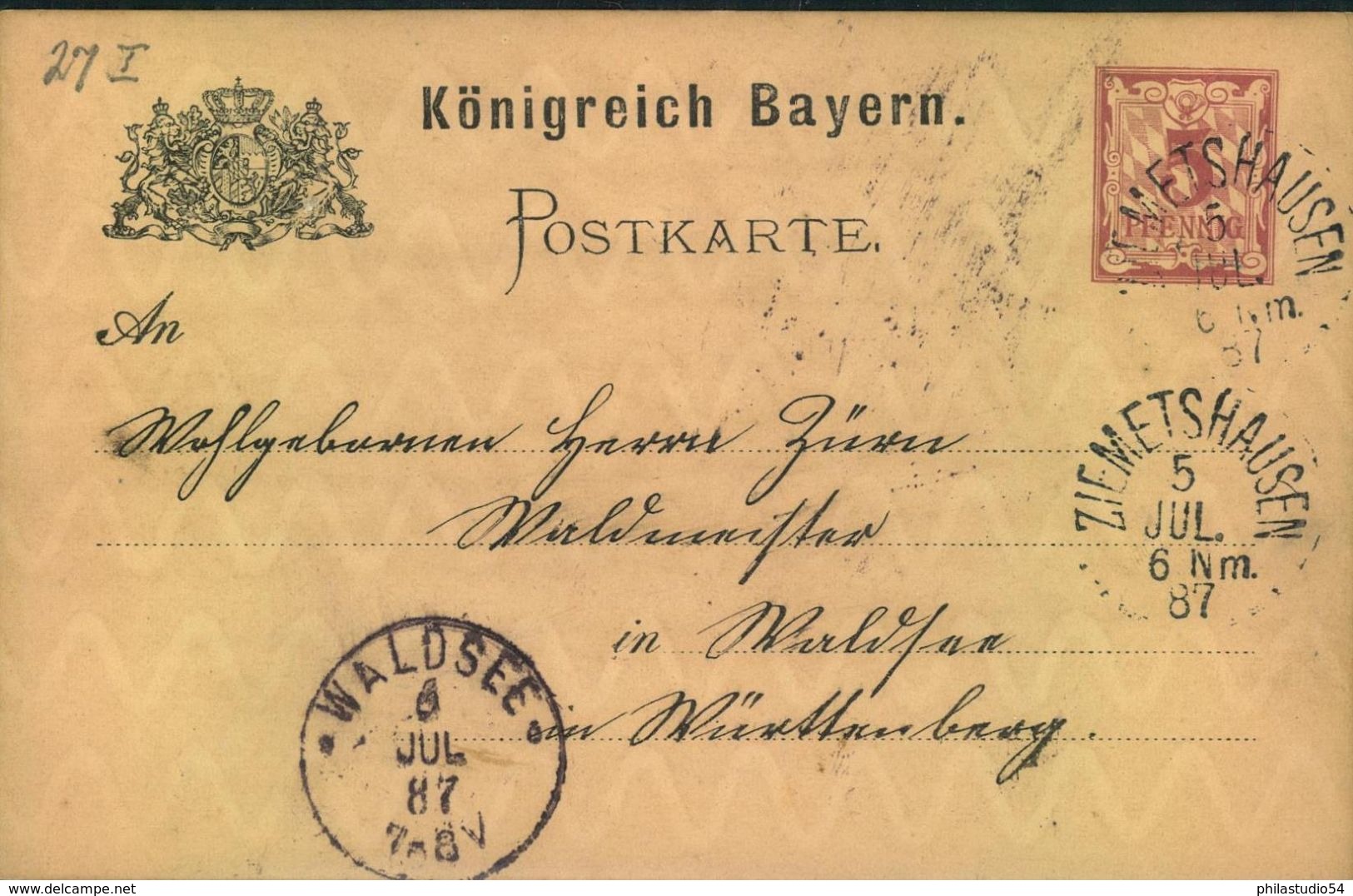 1887, BAYERN STEMPEL: ZIEMETSHAUSEN, Auf 5 Pfg. GSK - Postwaardestukken