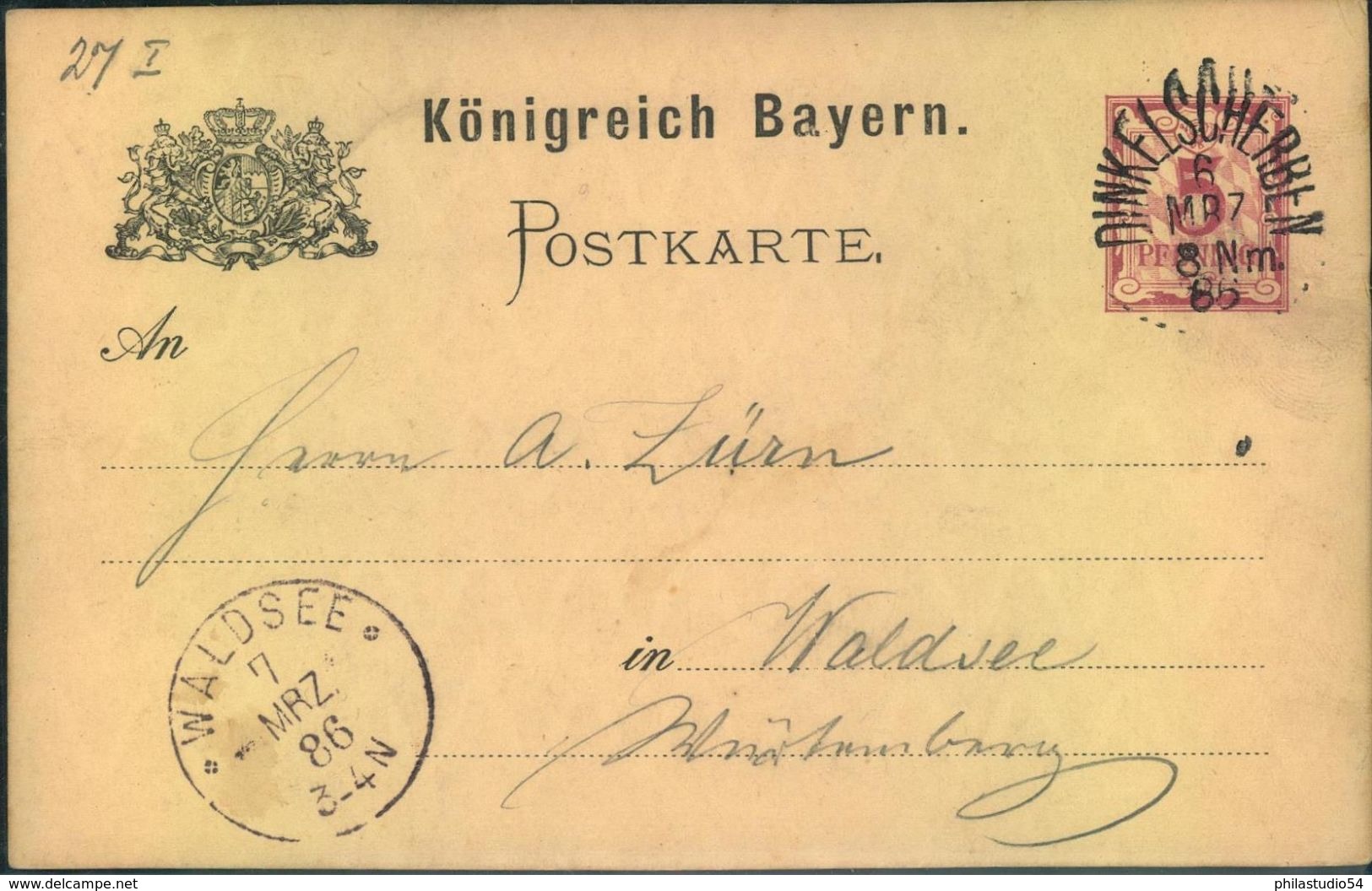 1886, BAYERN STEMPEL: DINKELSCHERBEN, Auf 5 Pfg. GSK - Postwaardestukken