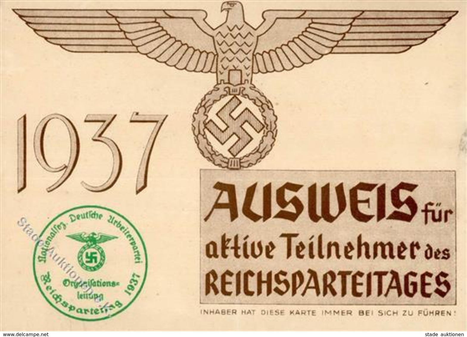 Reichsparteitag Nürnberg (8500) 1937 Ausweis Für Aktive Teilnehmer I-II (Stauchung) - Guerra 1939-45
