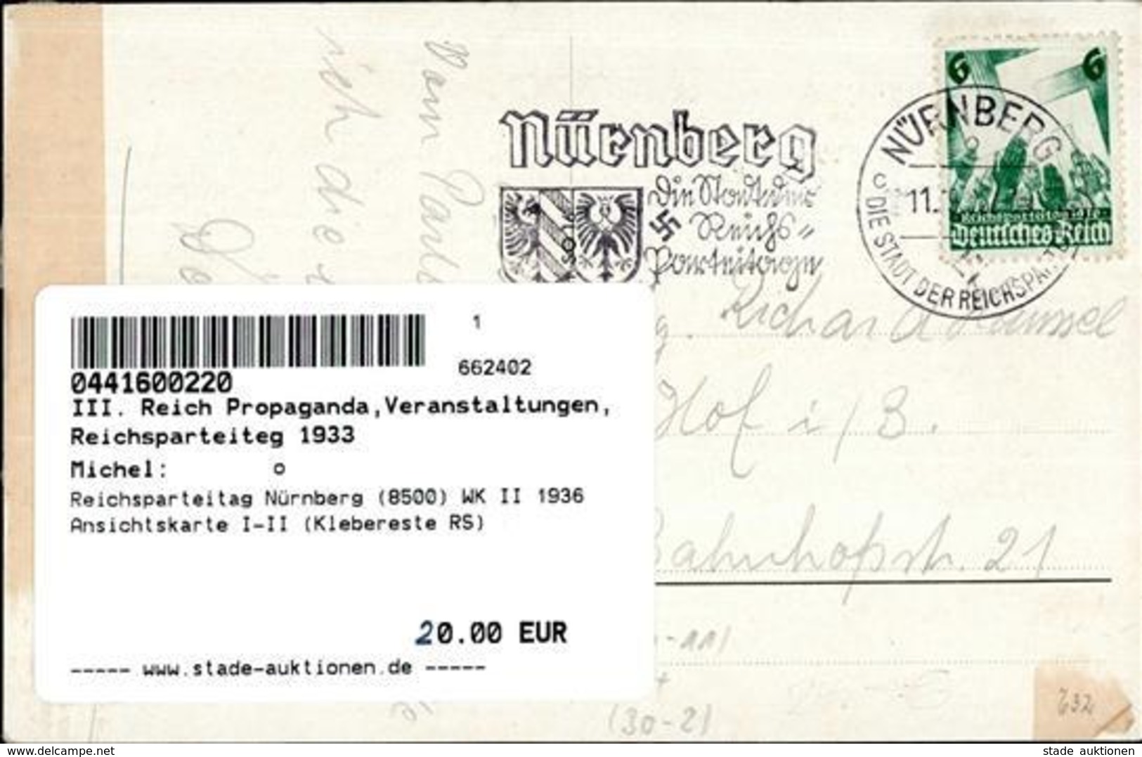 Reichsparteitag Nürnberg (8500) WK II 1936 Ansichtskarte I-II (Klebereste RS) - Guerra 1939-45