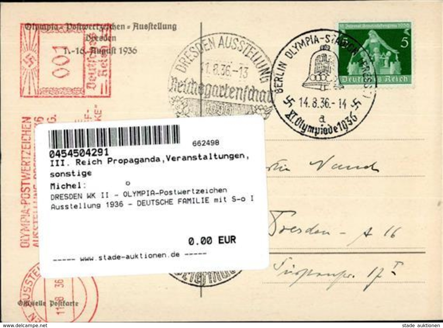 DRESDEN WK II - OLYMPIA-Postwertzeichen Ausstellung 1936 - DEUTSCHE FAMILIE Mit S-o I Expo - Guerra 1939-45