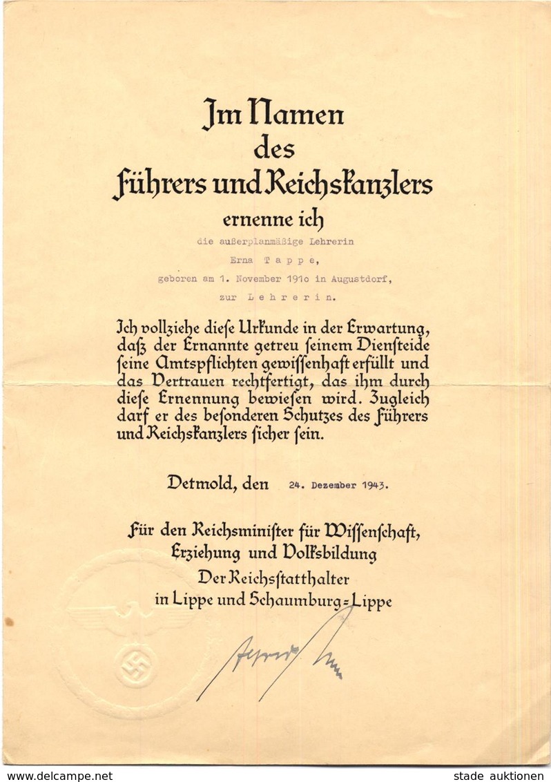 Ernennungsurkunde WK II Zur Lehrerin Tappe, Erna Unterschrift Gauleiter Meyer, Alfred I-II - Guerra 1939-45