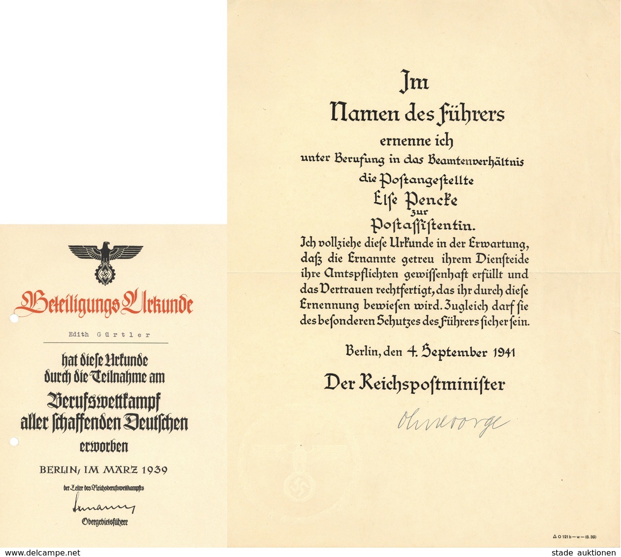 Ernennungsurkunde Zur Postassistentin Mit Unterschrift Reichspostminister Ohnesorge Und 1 Beteiligungs Urkunde Berufswet - Guerra 1939-45