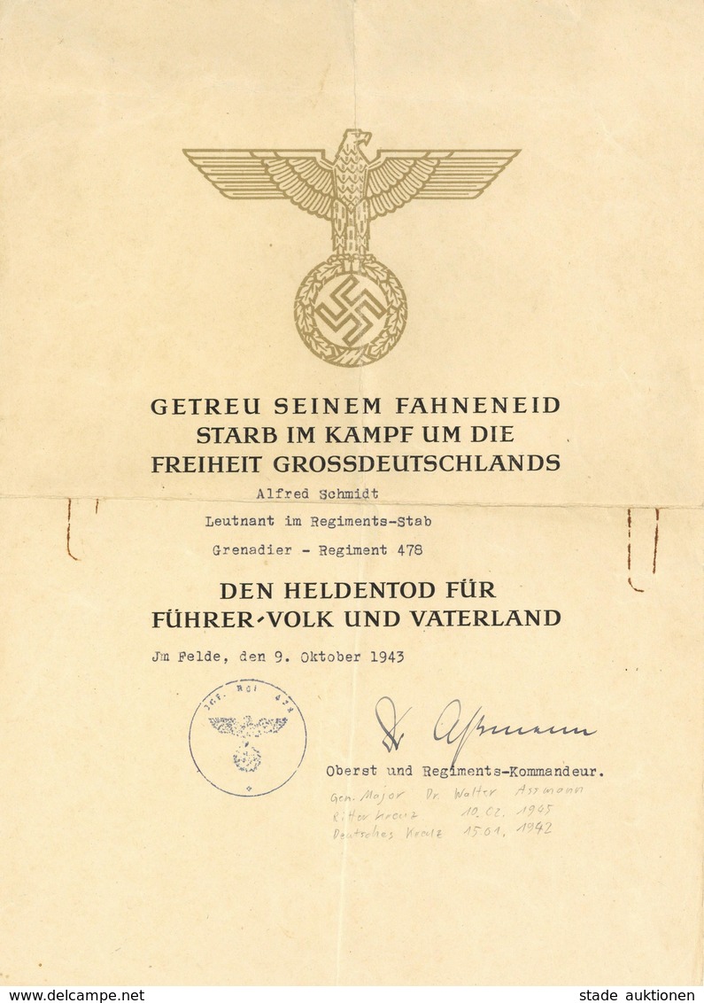 Verleihungsurkunde WK II Gedenkblatt Für Gefallene Mit Unterschrift Ritterkreuzträger Assmann, Walter Generalmajor Sowie - Guerra 1939-45