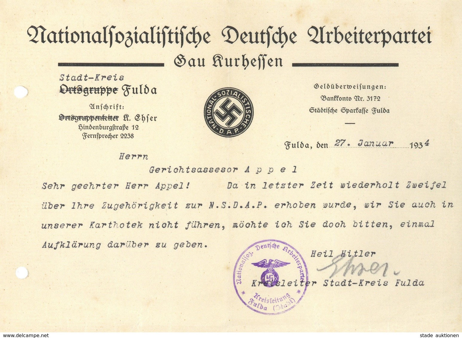 WK II Dokumente Gau Kurhessen Aufforderung Zum Nachweis Der Parteimitgliedschaft I-II - Weltkrieg 1939-45