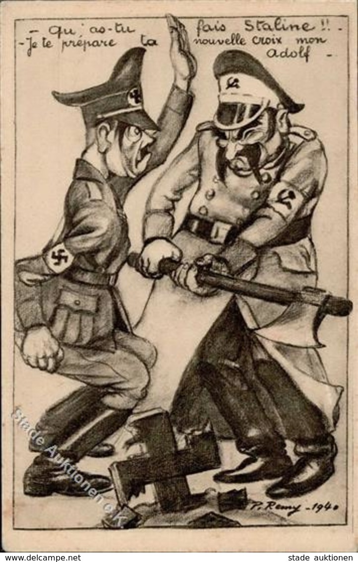 Antipropaganda WK II WK II Hitler Stalin Künstlerkarte I-II (fleckig, Abschürfung Rs) - Guerra 1939-45