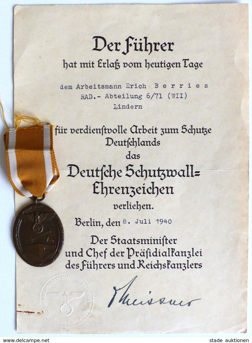 WK II Orden Deutscher Schutzwall Ehrenzeichen Mit Verleihungsurkunde I-II - Guerra 1939-45