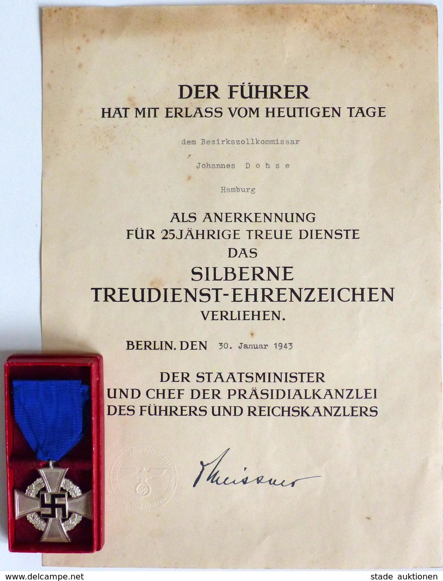 WK II Orden Treuedienst Ehrenzeichen Silber Mit Verleihungsurkunde I-II (fleckig) - Guerra 1939-45