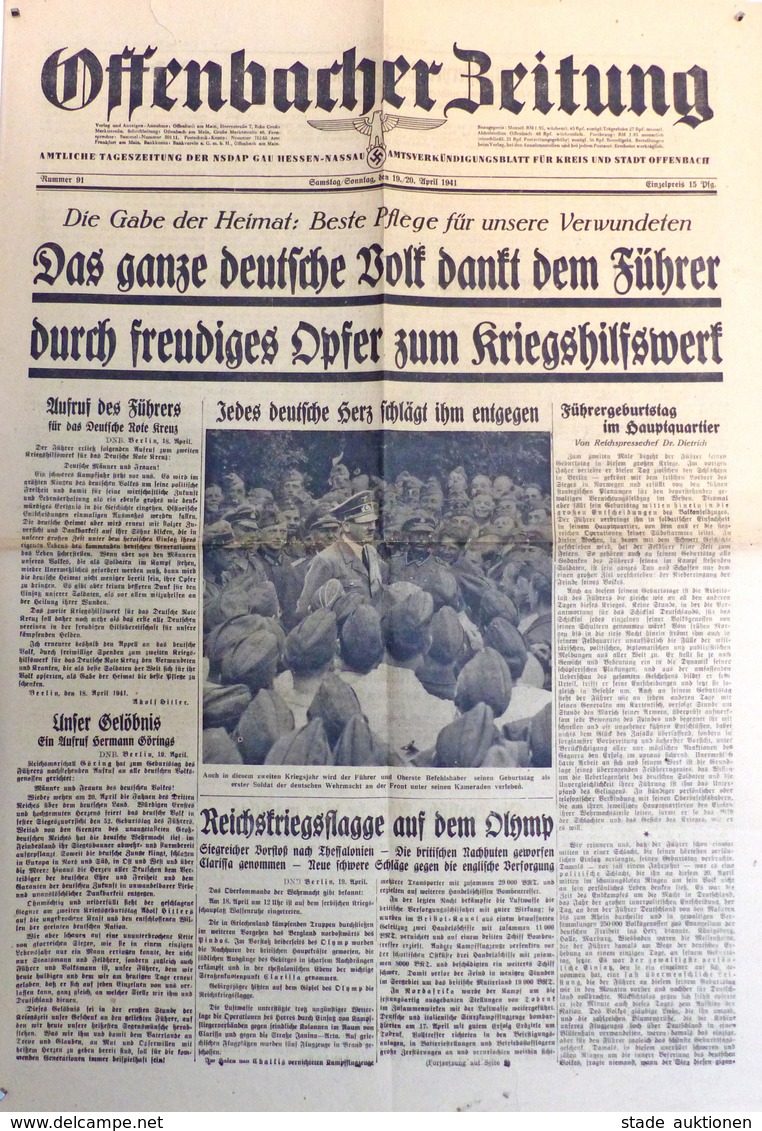 Buch WK II Offenbacher Zeitung 19./20. April 1941 II (kleiner Einriss) Journal - Weltkrieg 1939-45