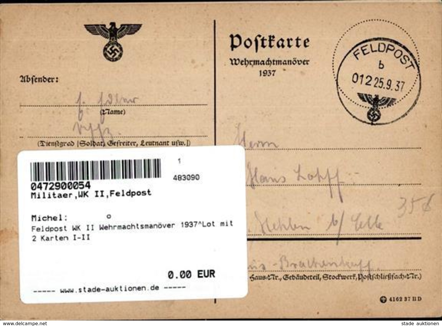 Feldpost WK II Wehrmachtsmanöver 1937^Lot Mit 2 Karten I-II - Guerra 1939-45