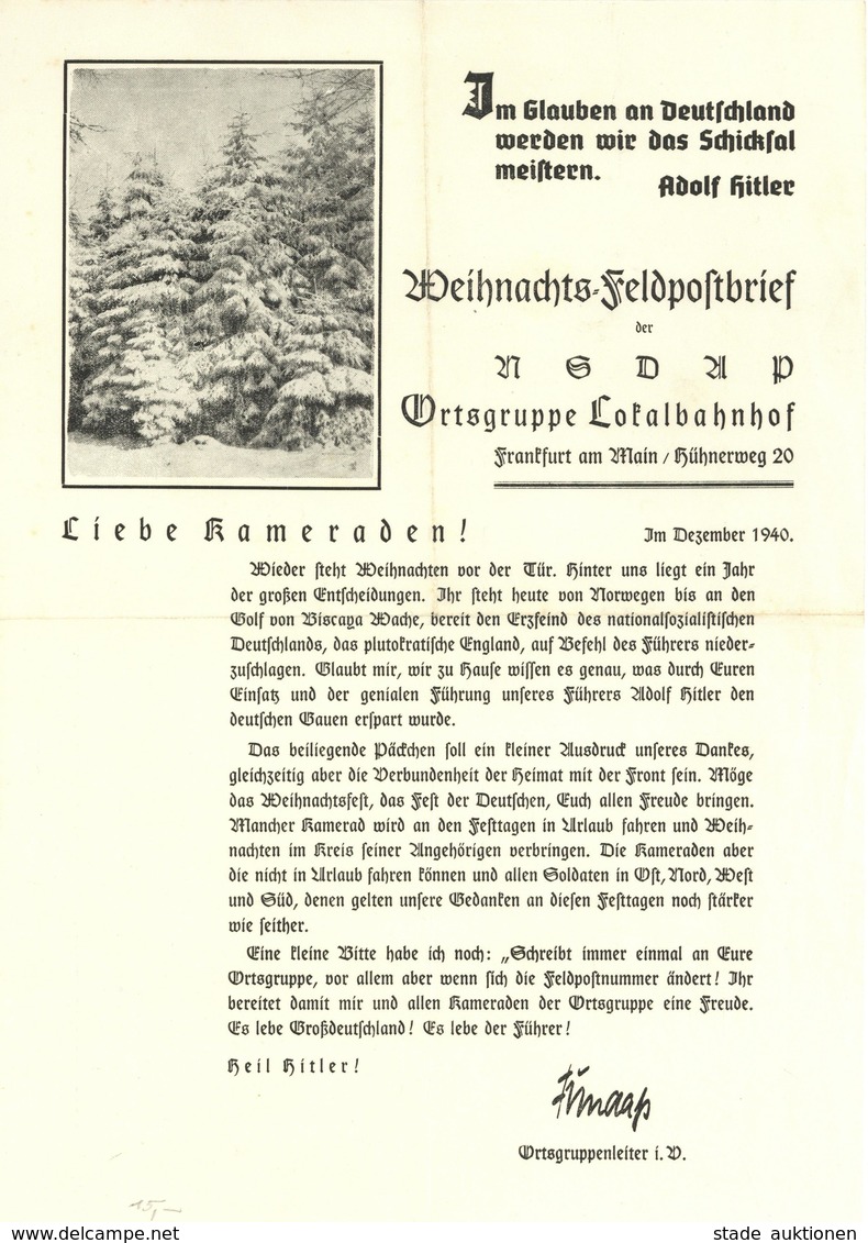 Feldpost WK II Weihnachts Feldpostbrief Der NSDAp Ortsgruppe Lokalbahnhof Frankfurt II - Guerra 1939-45