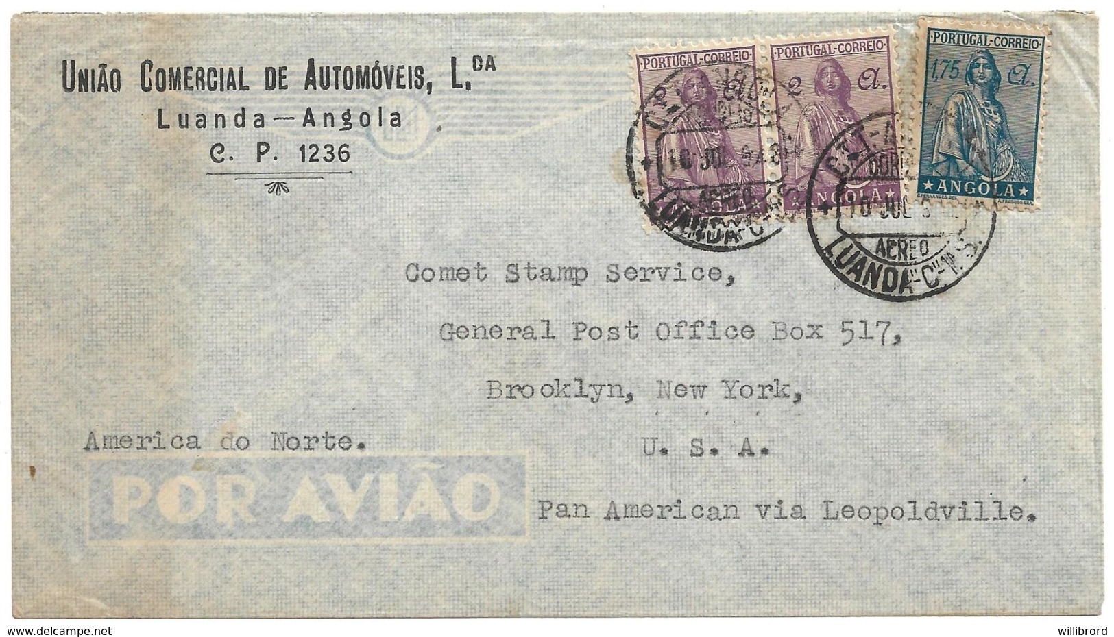 ANGOLA (Portugal)  Luanda - Airmail From Leopoldville To USA - 5.75a CERES Franking - Angola